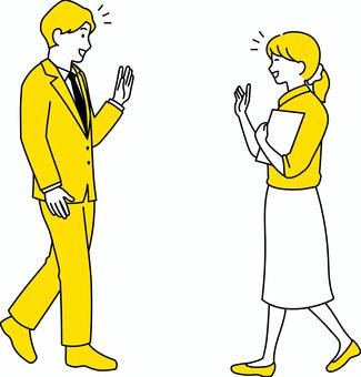 清潔感のある服装で笑顔で挨拶を交わす男女のイラスト