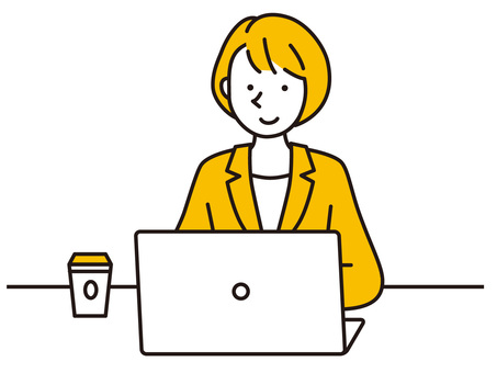 ノートパソコンで在宅ワークをする女性のイラスト